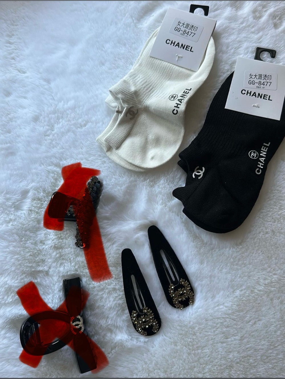 Socks & Embellished Hair Clips - Black & White